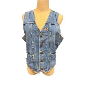 VTG! "American Graffiti "Denim Vest Medium Wash Cinch Back L Y2K Preppy Academia